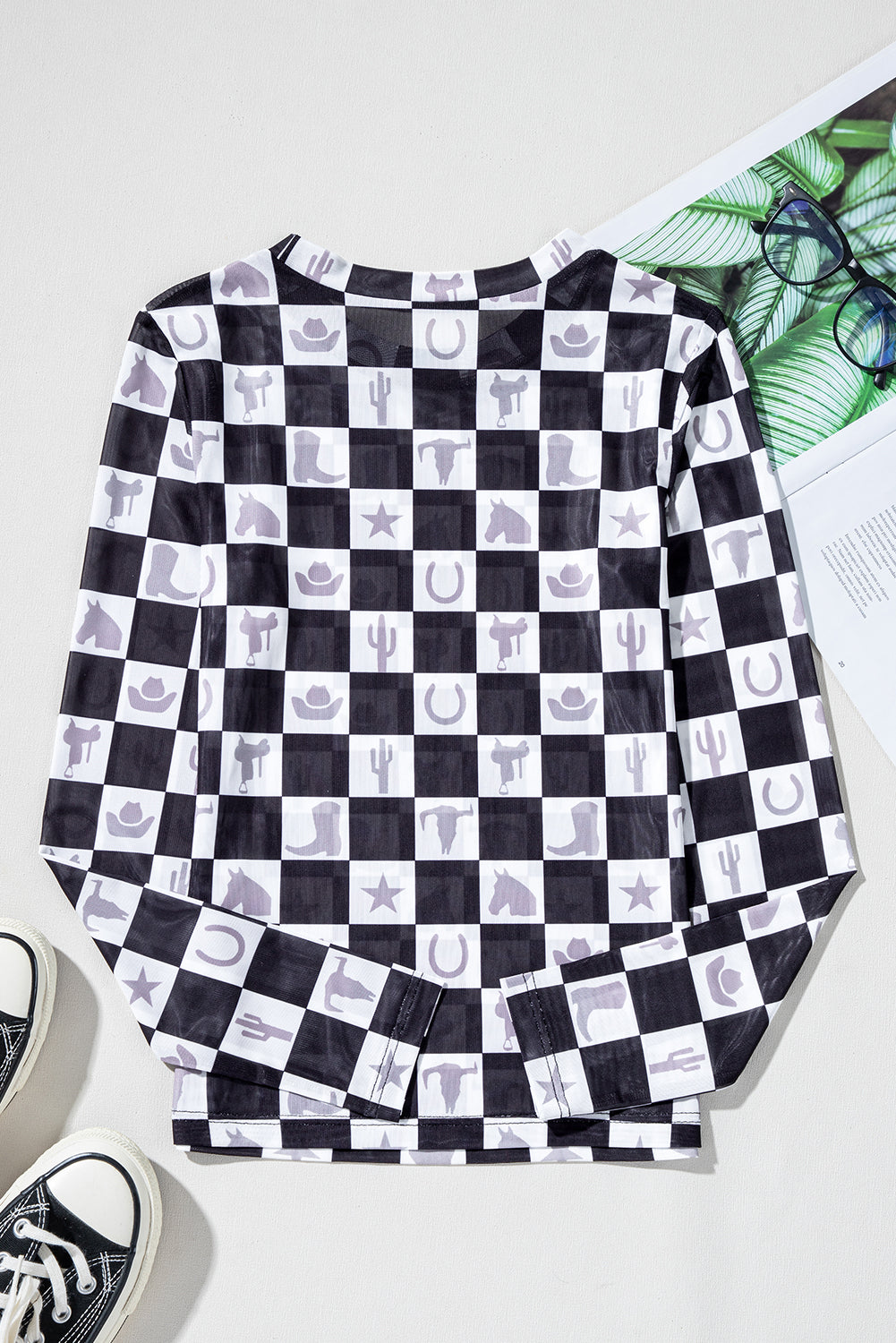 Black Checkerboard Western Elements Printed Mesh Long Sleeve Top