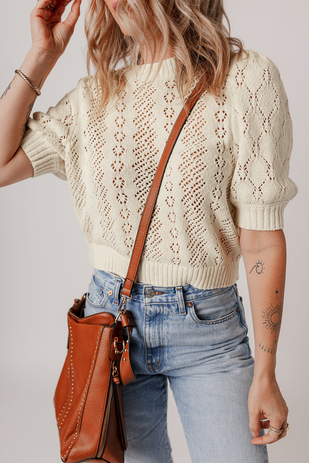 Beige Hollowed Pattern Knit Short Puff Sleeve Sweater