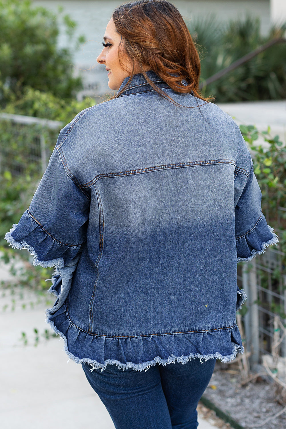 Peacock Blue Ruffled Frayed Short Sleeve Plus Size Denim Jacket