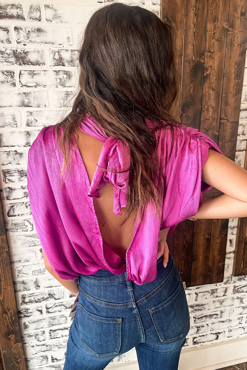 Bright Pink Ruched Sleeves Knotted Backless Blouse