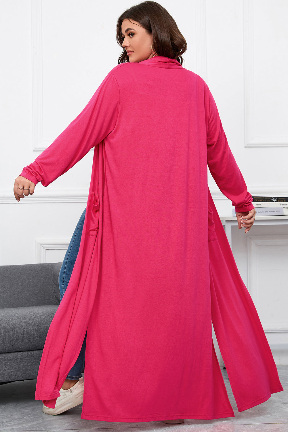 Strawberry Pink Plus Size Side Split Pockets Duster Cardigan