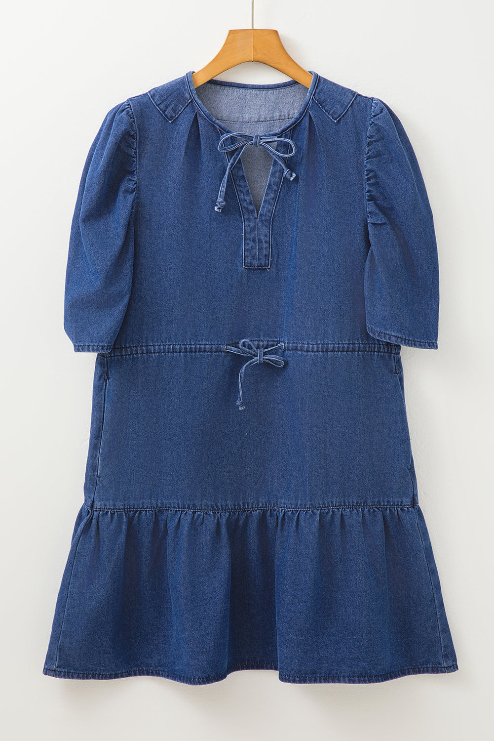 Blue Drawstring High Waist Puff Sleeve Denim Mini Dress