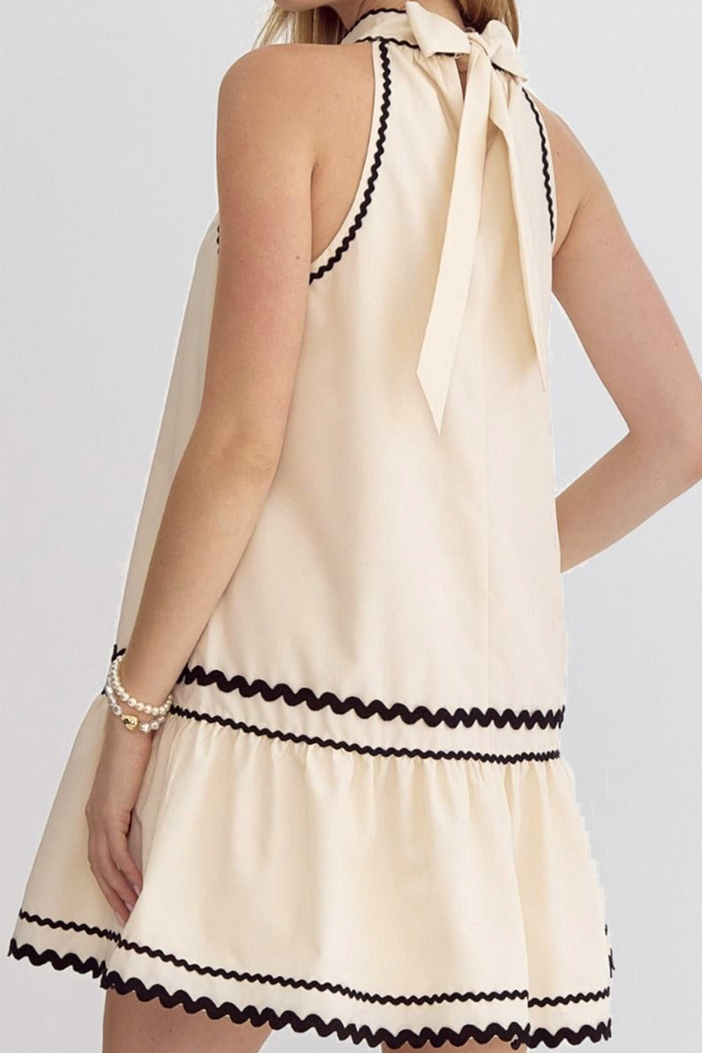 Khaki Stripe Ric Rac Trim Halter A-line Sleeveless Mini Dress