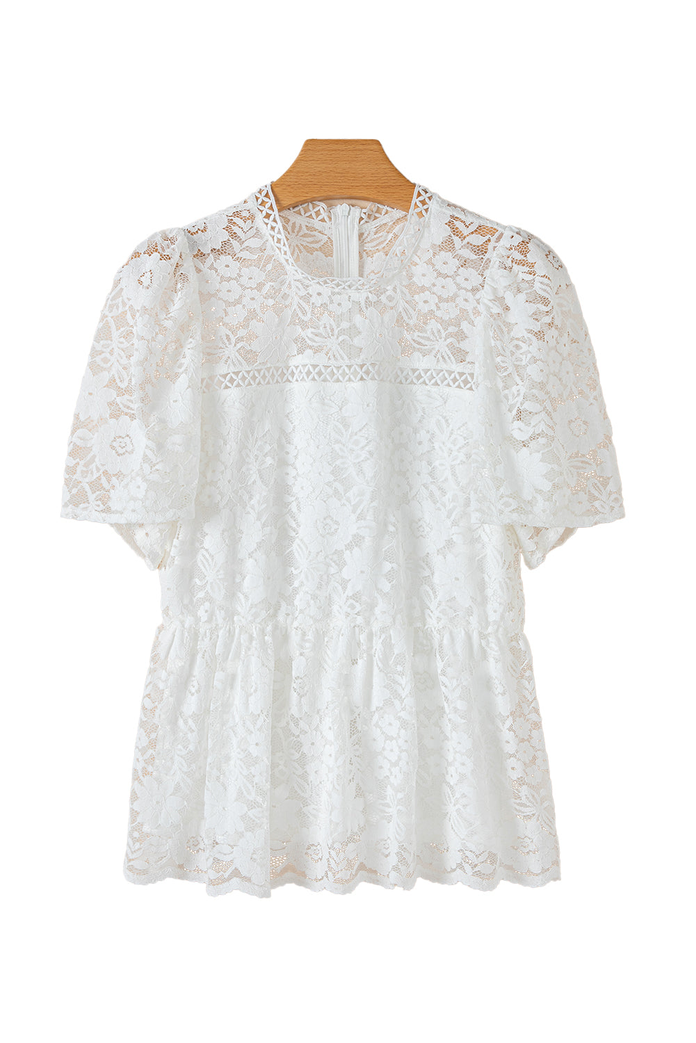 Blusa peplum de encaje floral festoneado de manga corta blanca