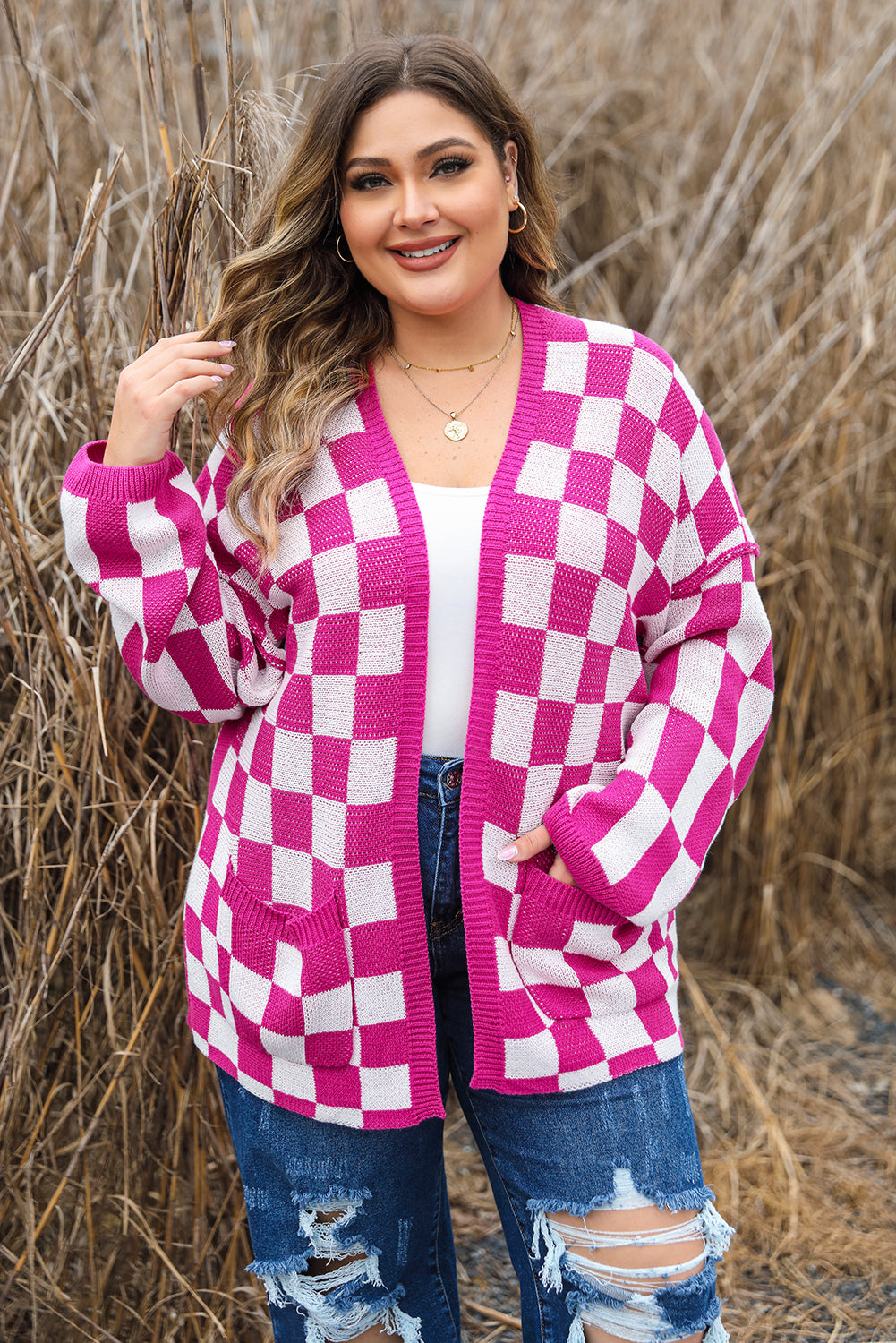 Bonbon Checkered Pattern Open Front Plus Size Cardigan