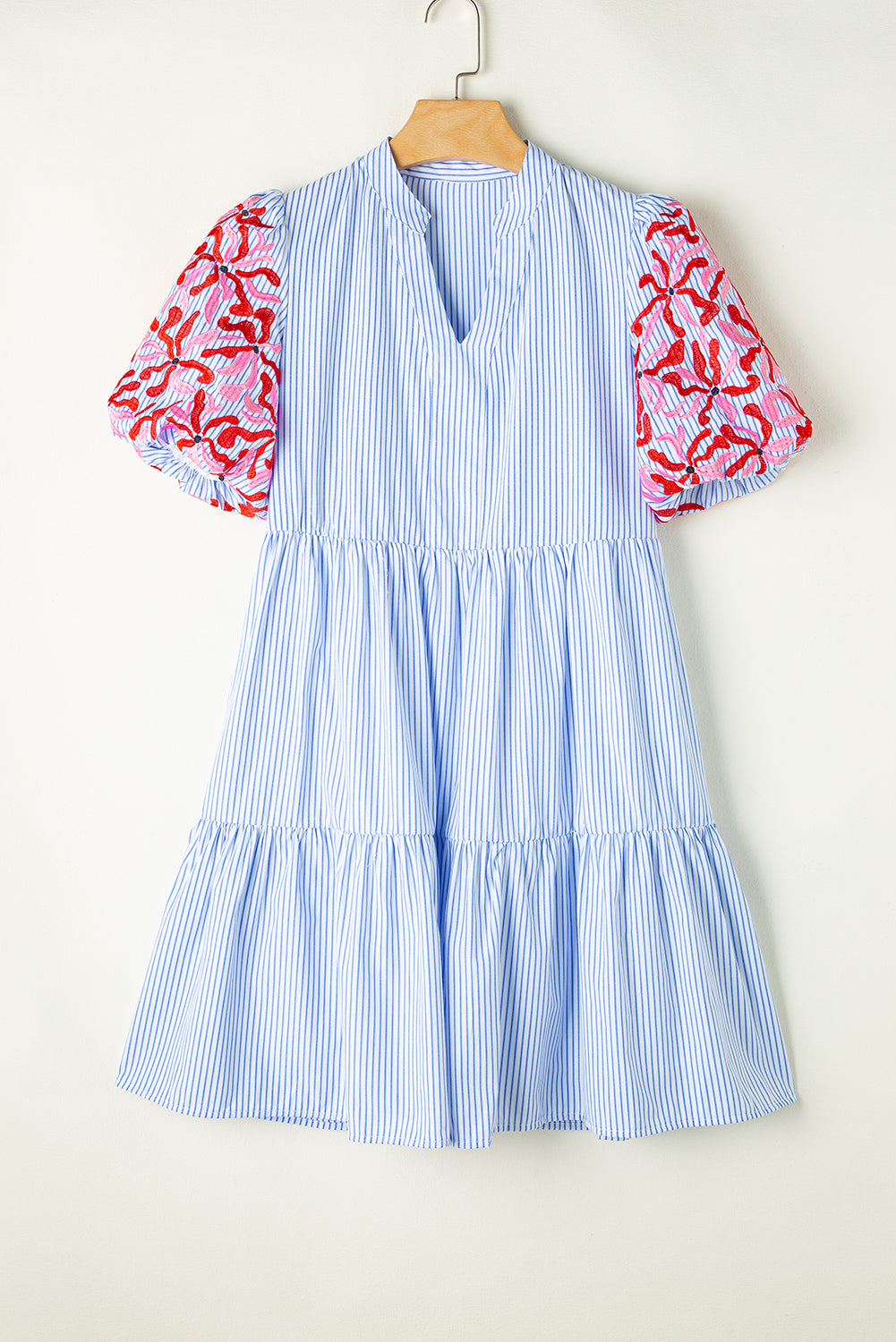 Sky Blue Stripe Contrast Floral Puff Sleeve Tiered Ruffle Dress