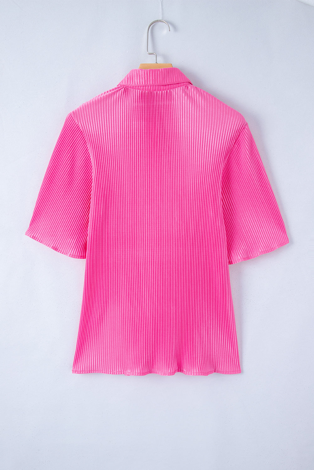 Bright Pink Satin Pleated Short Sleeve Shirt