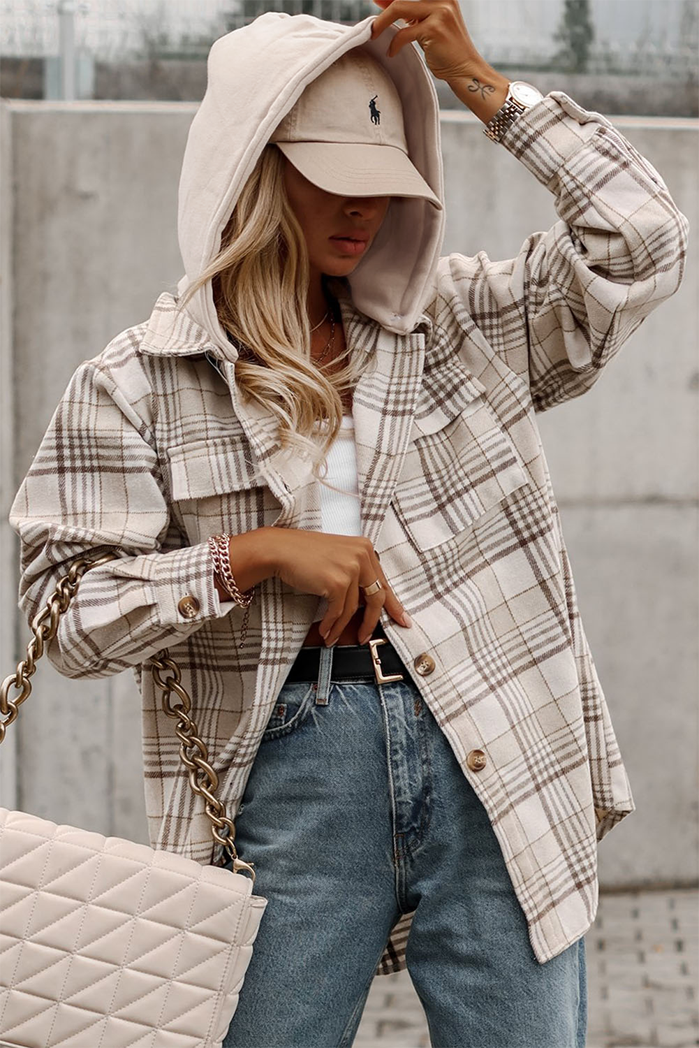 Khaki Plaid Removable Hood Buttoned Shacket