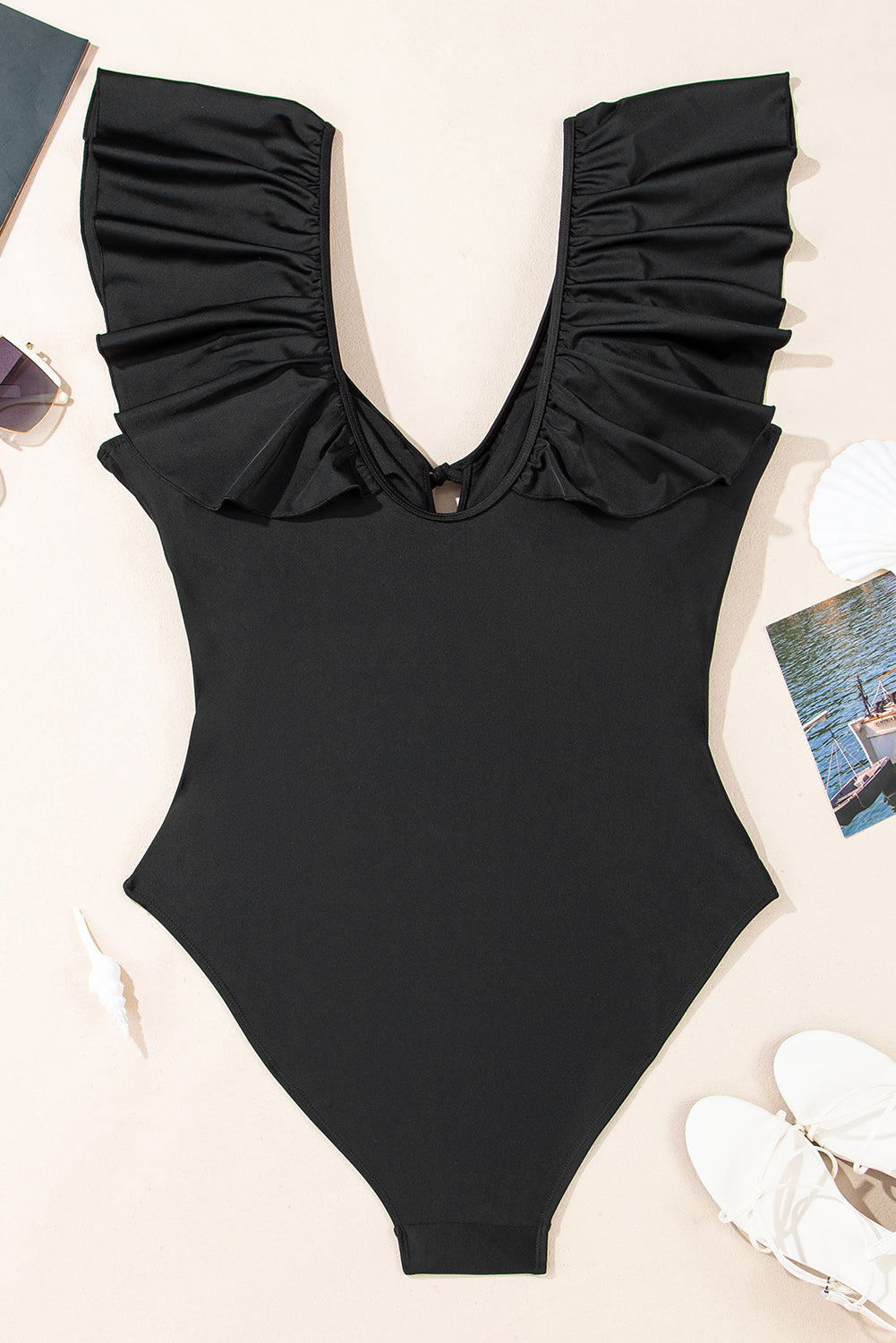 Black Ruffled Sleeve Lace-up V Neck Plus Size One Piece Swimsuit