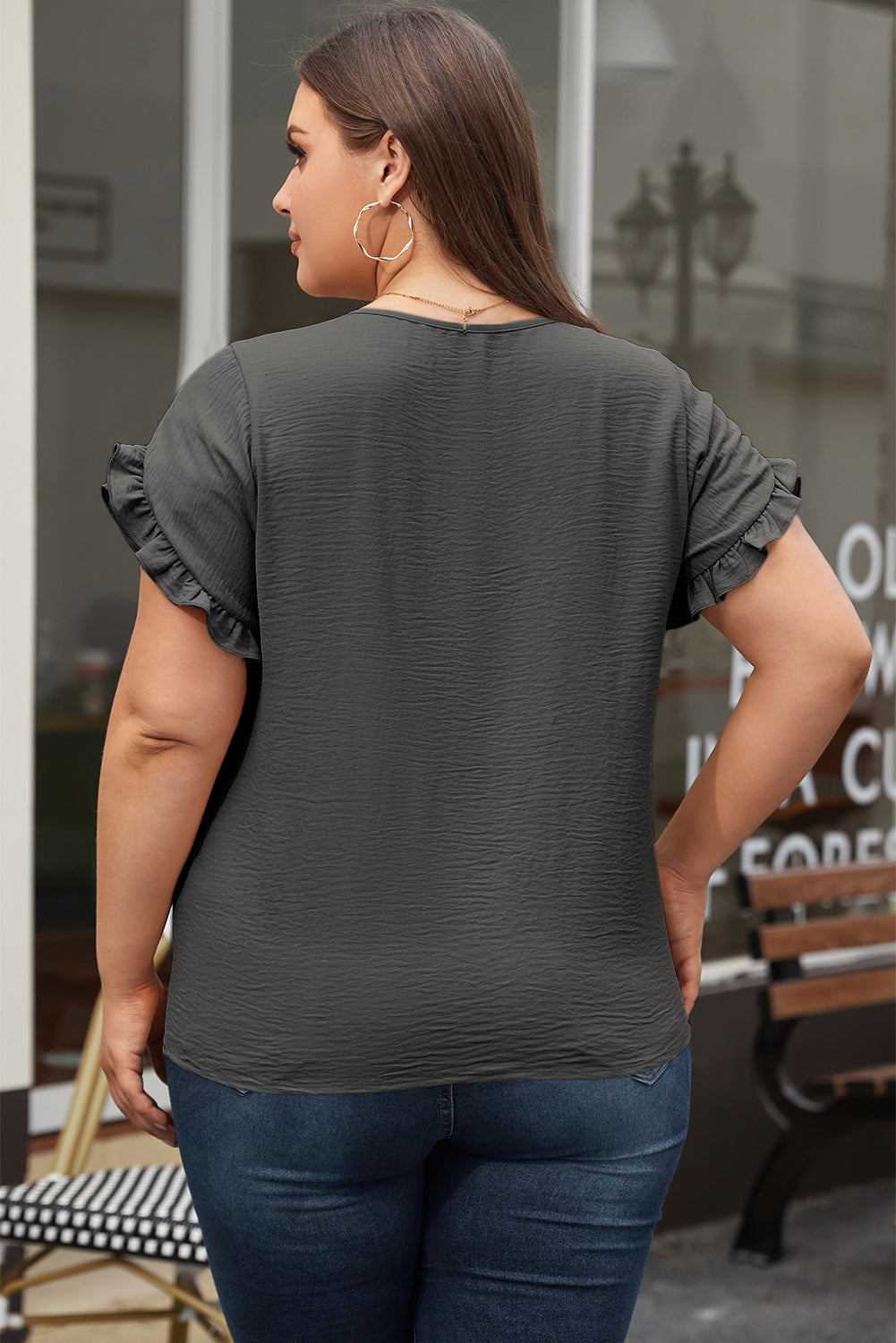 Dark Grey Ruffled Short Sleeve Plus Size Top