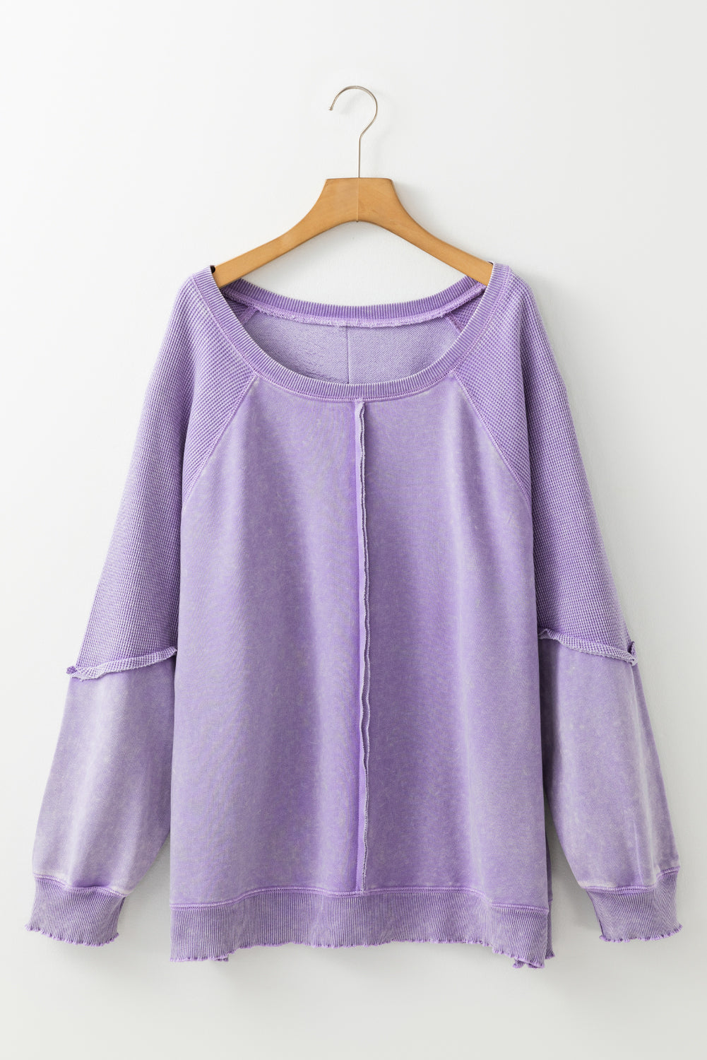 Orchid Petal Textured Patchwork Frilled Trim Plus Size Pullover Sweatshirt