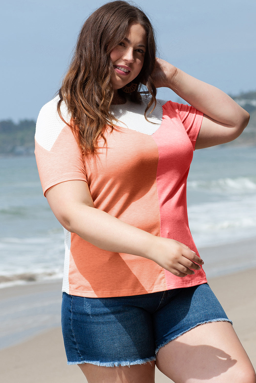 Camiseta de punto gofre con bloques de colores en talla grande blanca