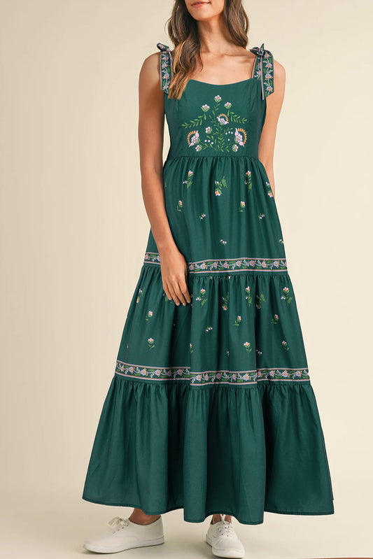 Blackish Green Floral Smocked Back Tied Straps Tiered Maxi Dress