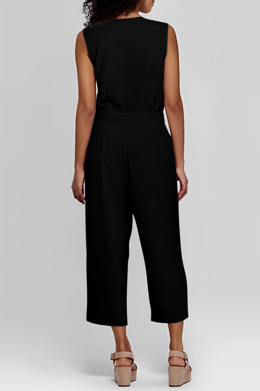 Black Buttoned Sleeveless Cropped Jumpsuit with Sash