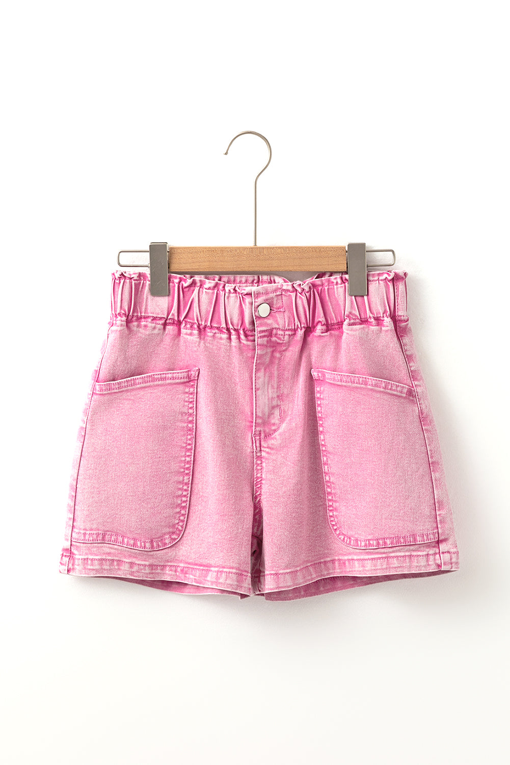 Shorts vaqueros de cintura alta elásticos de color rosa fresa