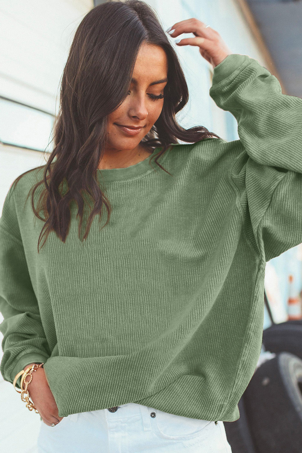 Grass Green Ribbed Corduroy Oversized Sweatshirt