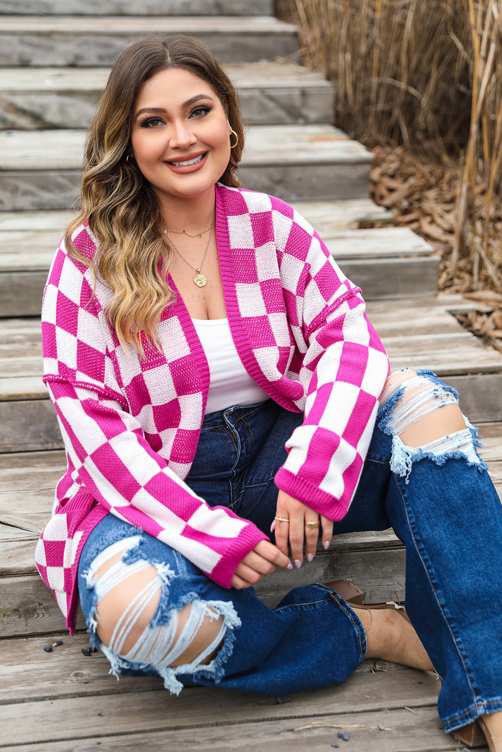 Bonbon Checkered Pattern Open Front Plus Size Cardigan