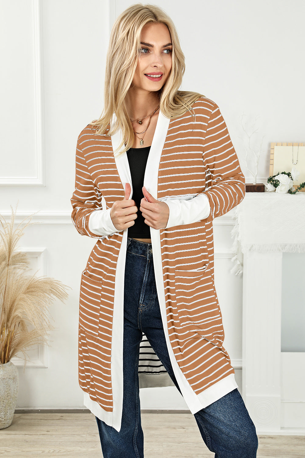 Brown Striped Side Pockets Open Front Cardigan