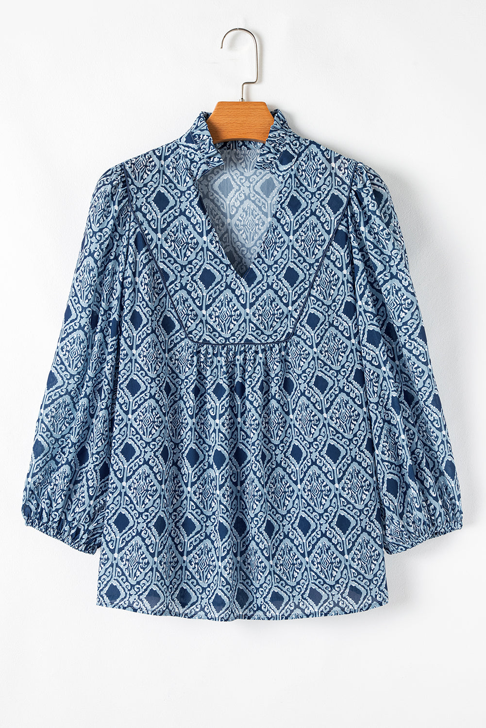 Sky Blue Western Geometric Print Frilled V Neck Loose Fit Blouse