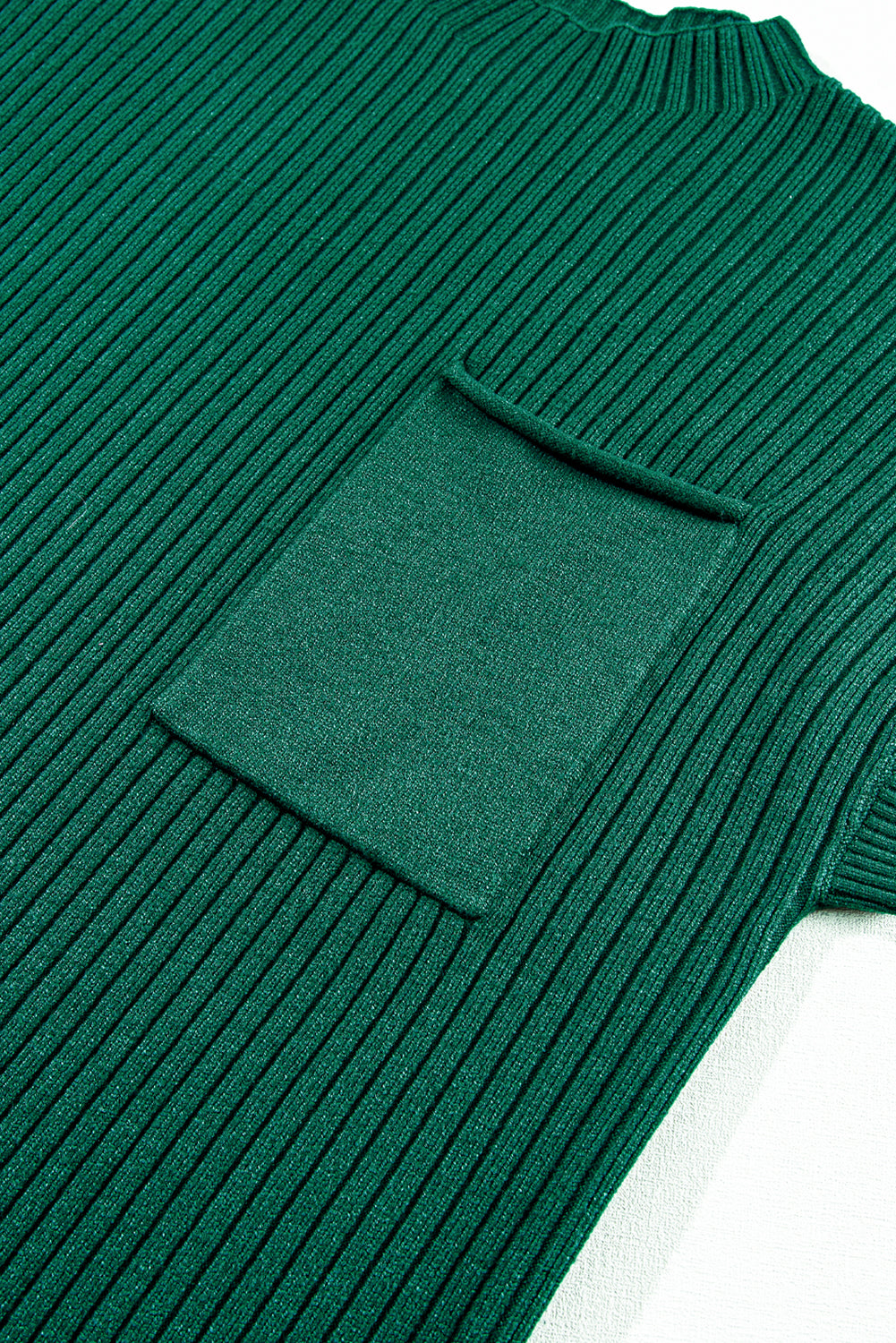 Blackish Green Patch Pocket Ribbed Knit Short Sleeve Sweater Dress