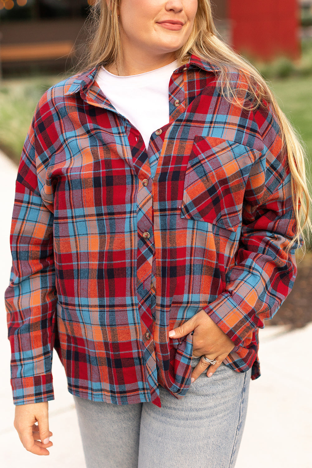 Red Plus Size Plaid Print Buttoned Shirt