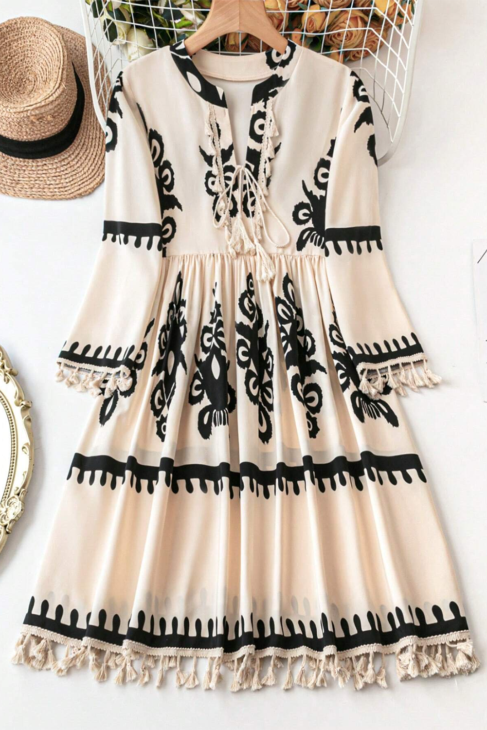 Beige Western Pattern Print Tasseled Notch V Neck Mini Dress