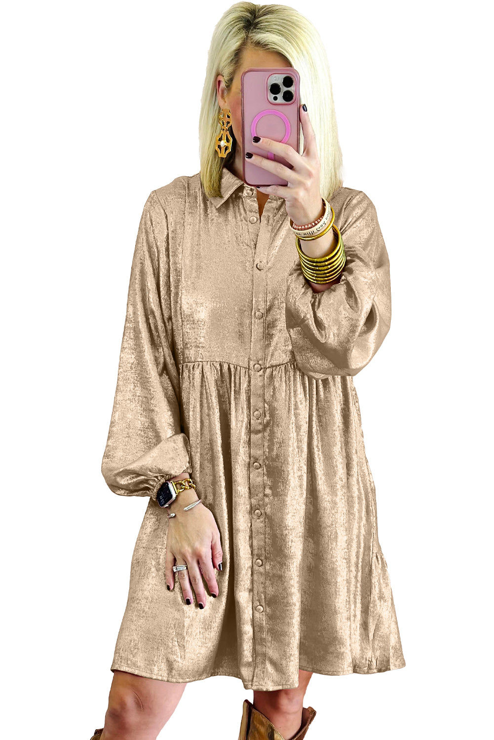 Apricot Metallic Sheen Puff Sleeve Button Up Mini Shirt Dress