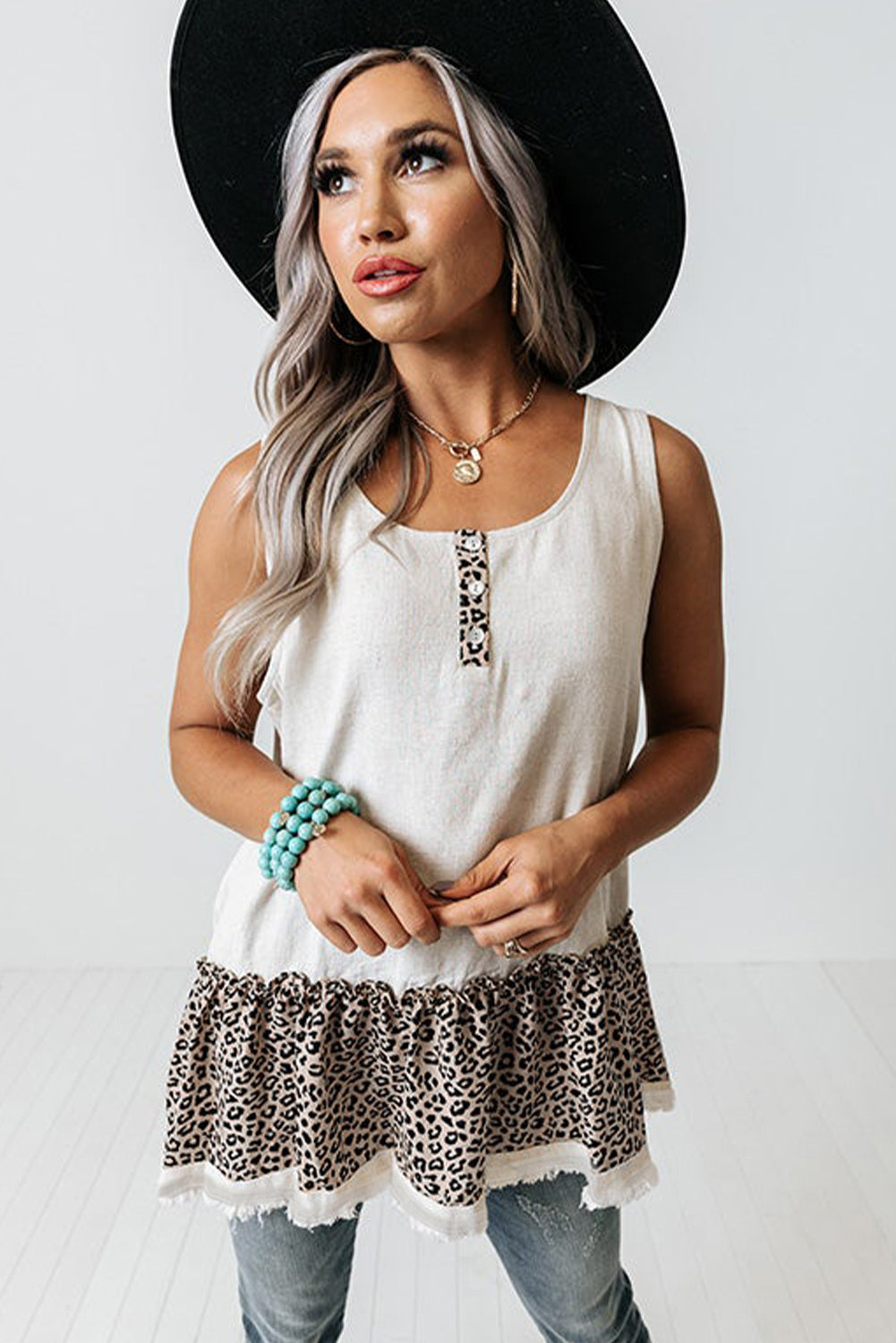 White Leopard Peplum Hemline Flowy Tank Top