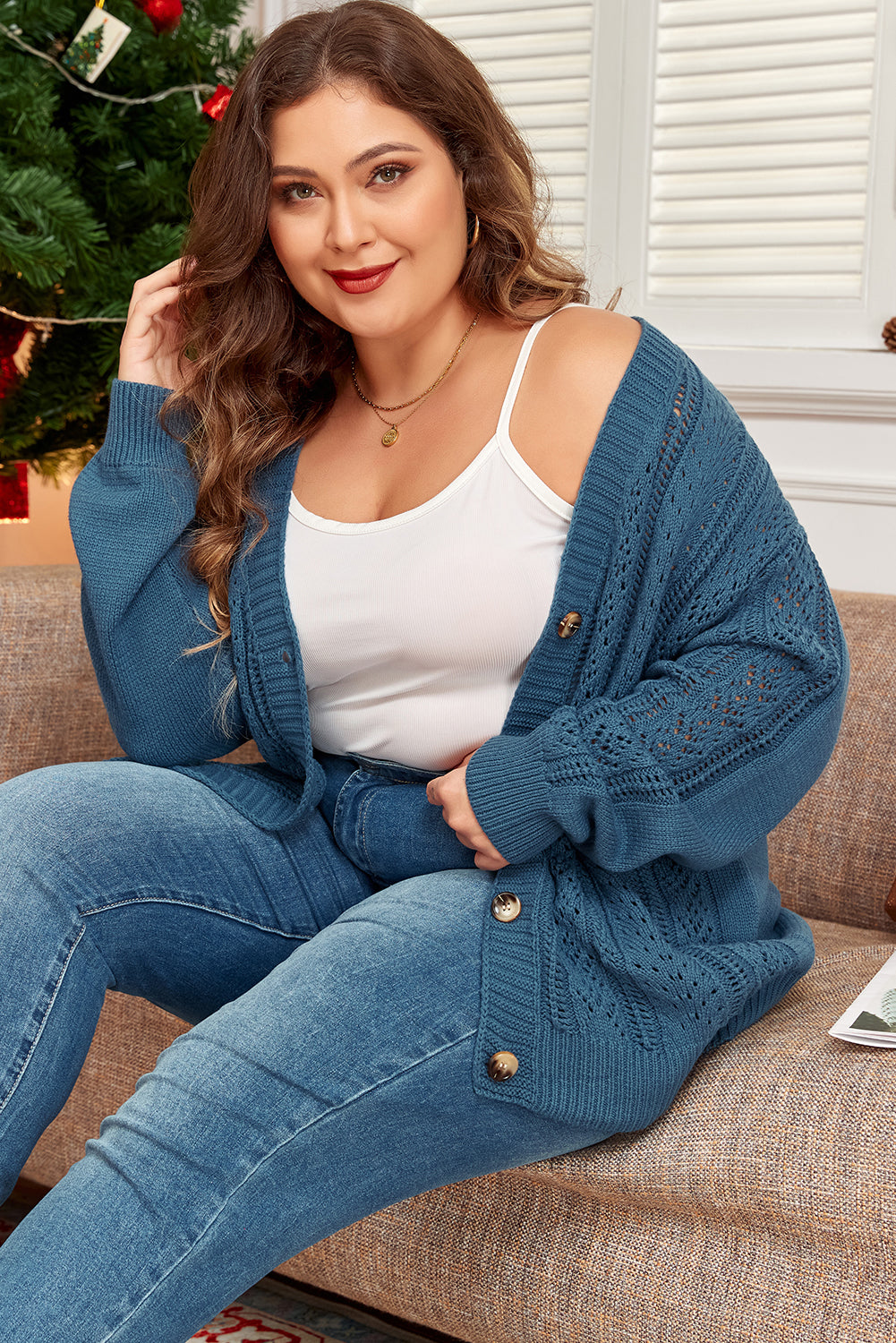 Real Teal Open Knit V Neck Button Front Drop Shoulder Plus Size Cardigan