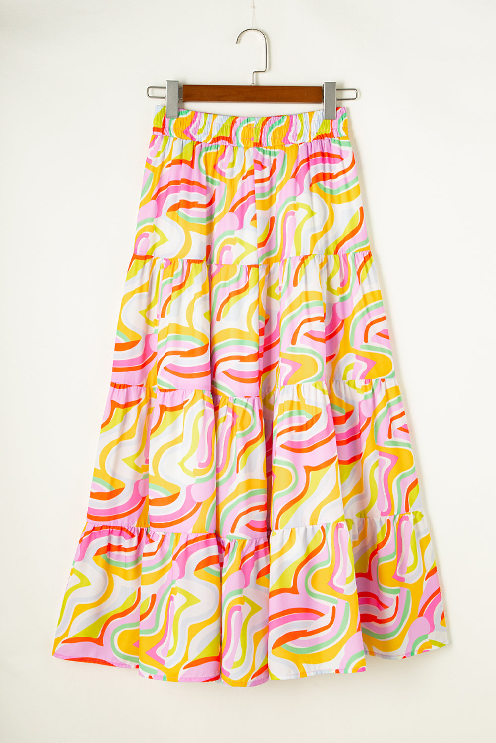 Pink Abstract Print Tiered Flowy Maxi Skirt