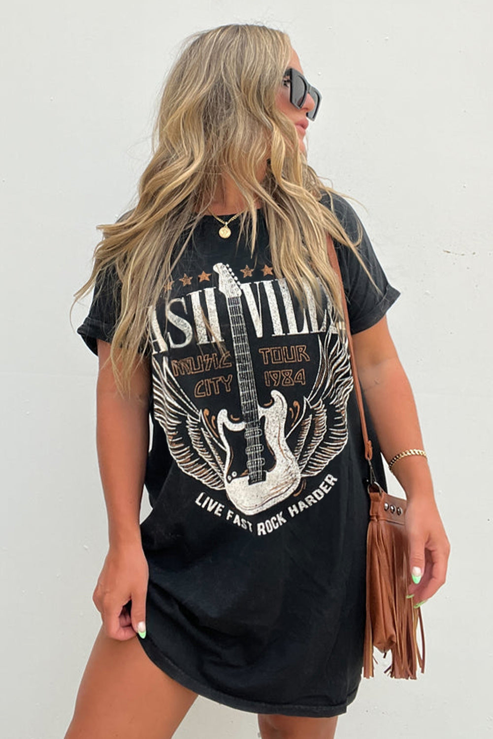 Black Nashville Guitar Print Crew Neck T Shirt Mini Dress