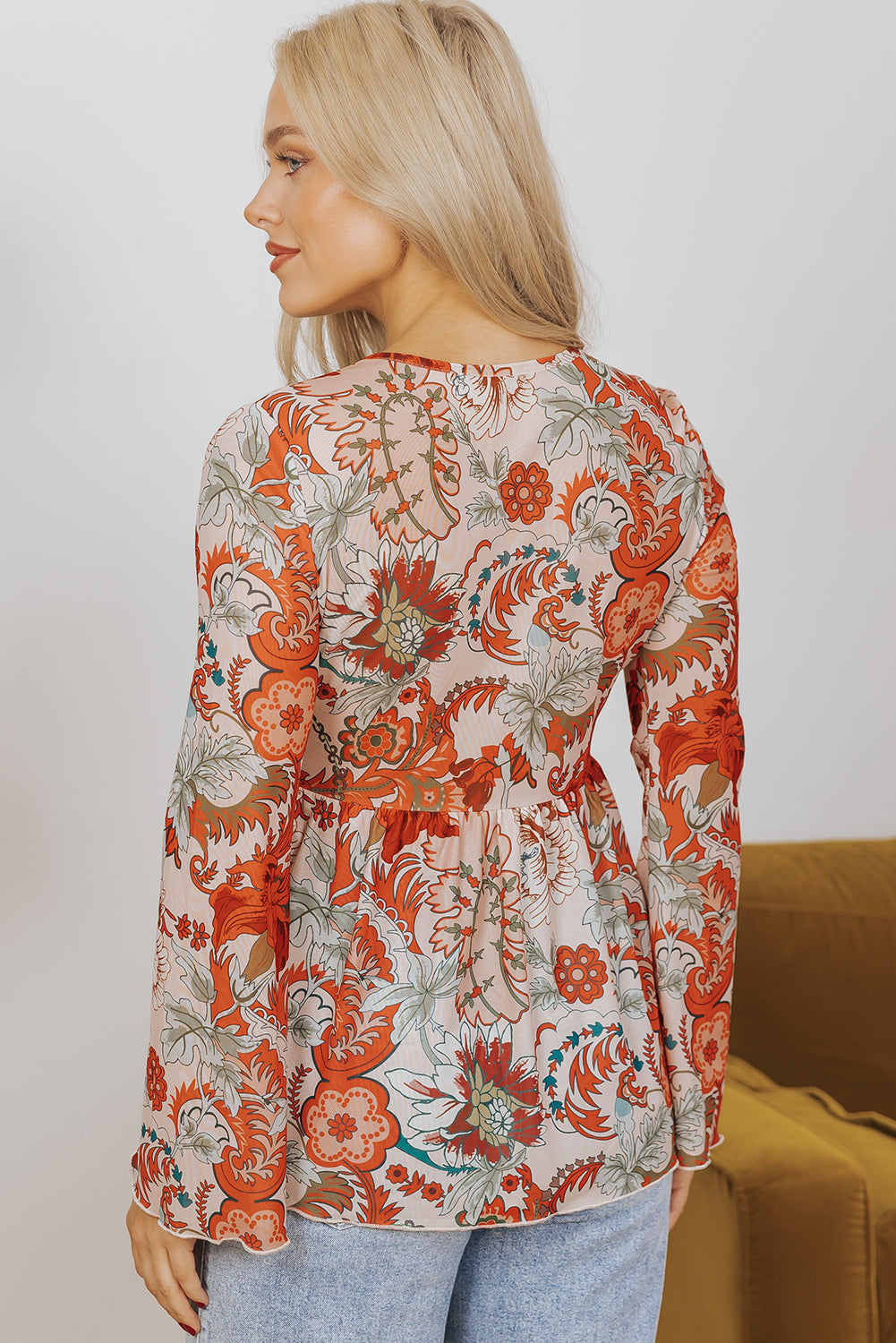 Orange Floral Print Deep V Neck Knot Bell Sleeve Blouse