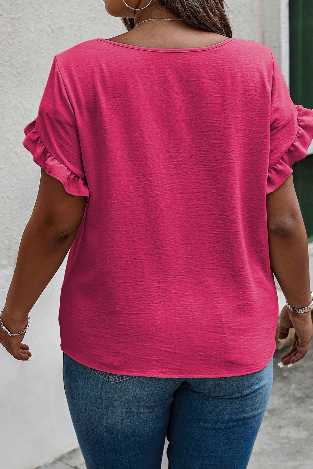 Bright Pink Ruffled Short Sleeve Plus Size Top