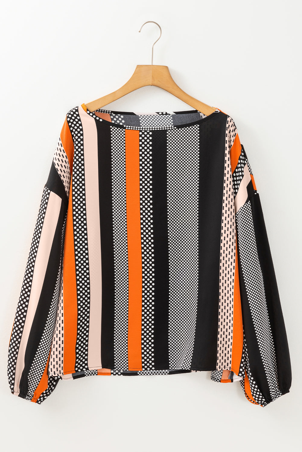 Orange Polka Dot Vertical Striped Printed Puff Sleeve Blouse