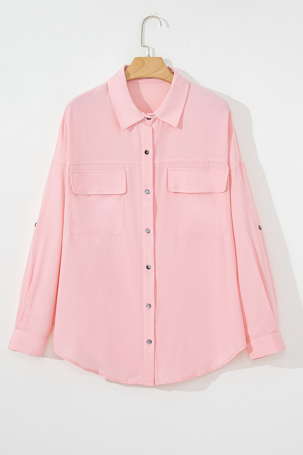 Pink Flap Pocket Tab Sleeve Button-Down Plus Size Shirt