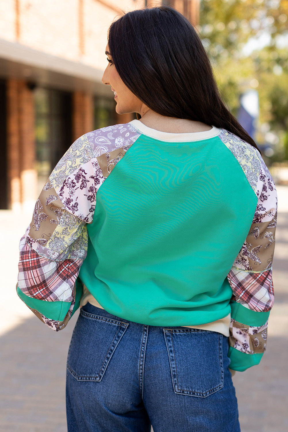 Blusa de manga larga raglán con diseño vintage de cachemira y cuadros escoceses en azul Aruba