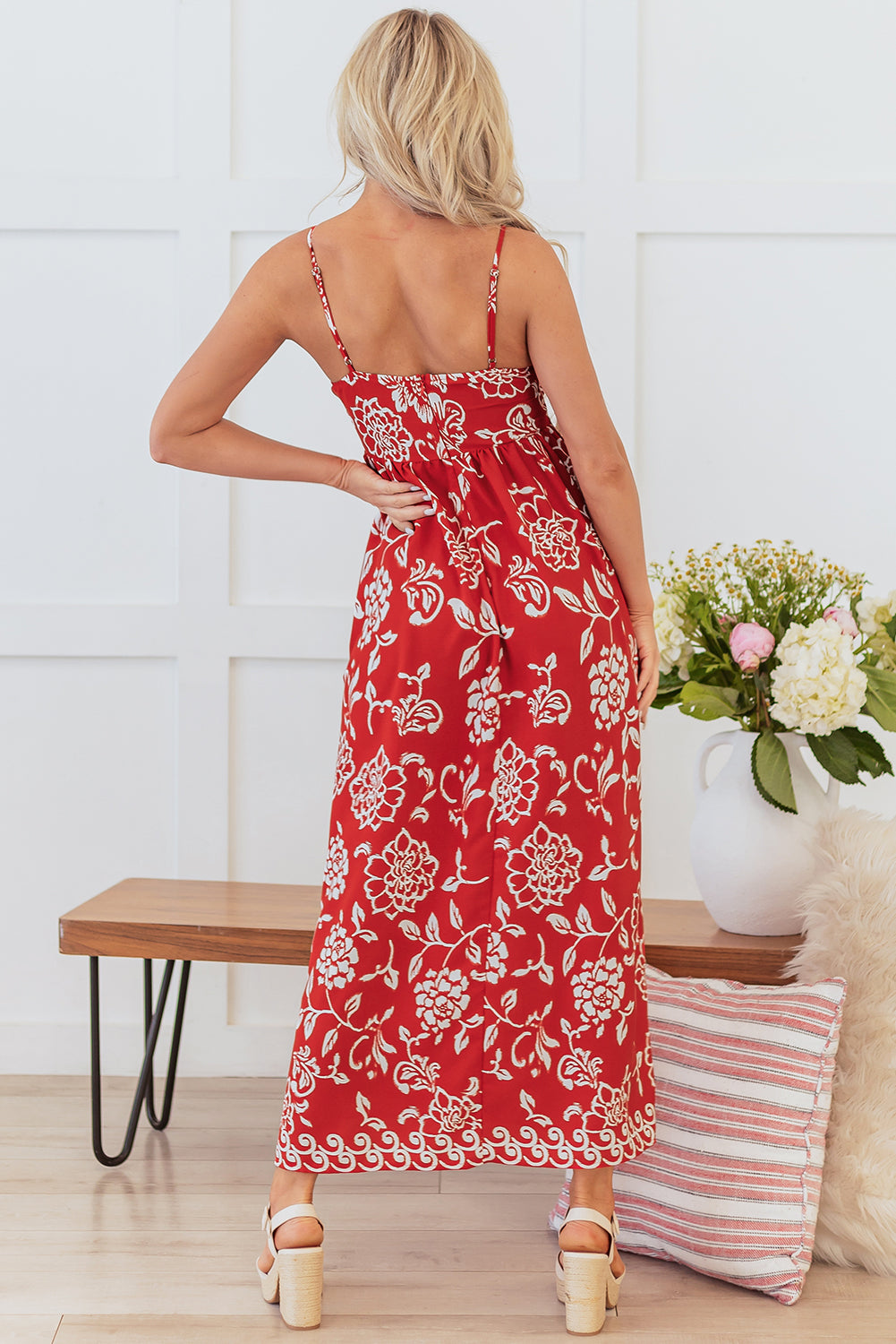 Red Floral Printed Spaghetti Strap Empire Waist Maxi Dress