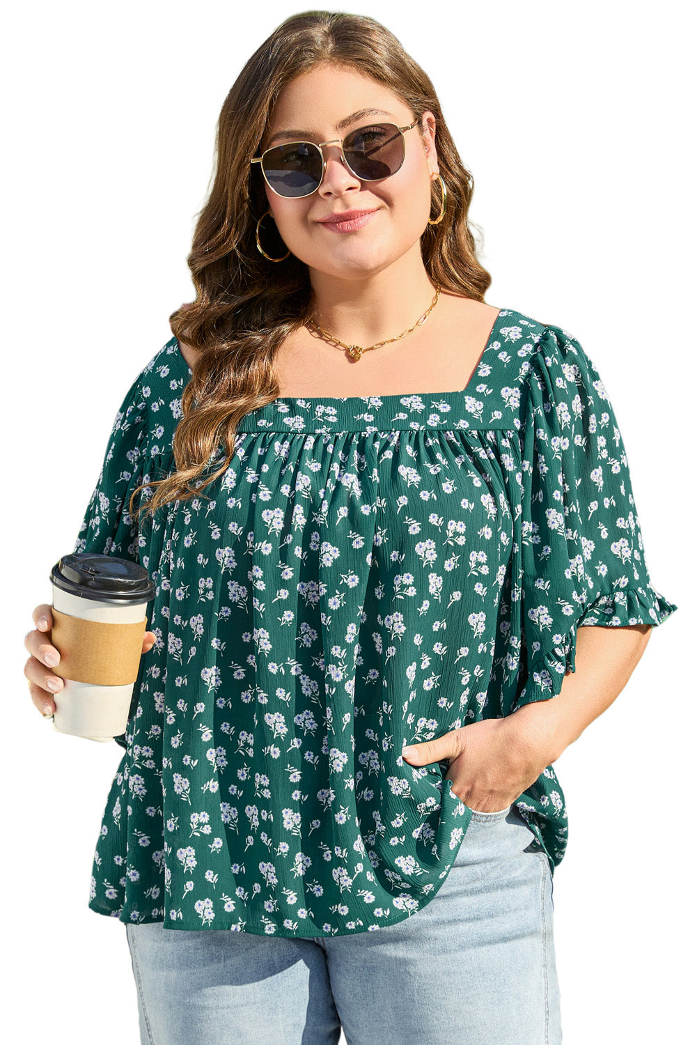 Green Floral Print Square Neck Ruffled Trim Plus Size Blouse