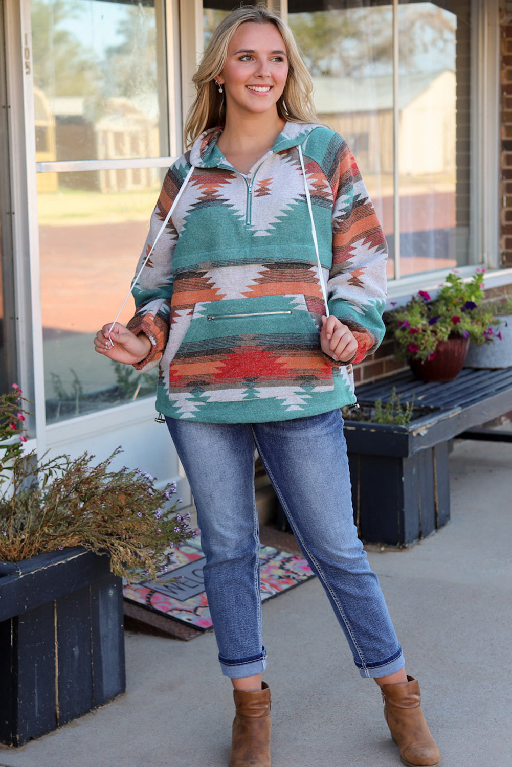 Multicolor Aztec Print Zipped Split Neck Hoodie