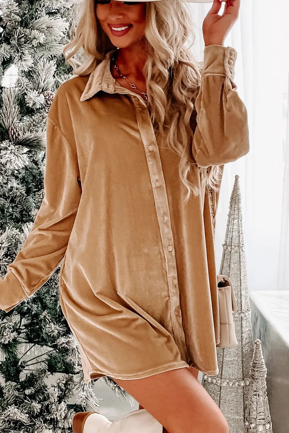 Light French Beige Velvet Button Front Shirt Mini Dress