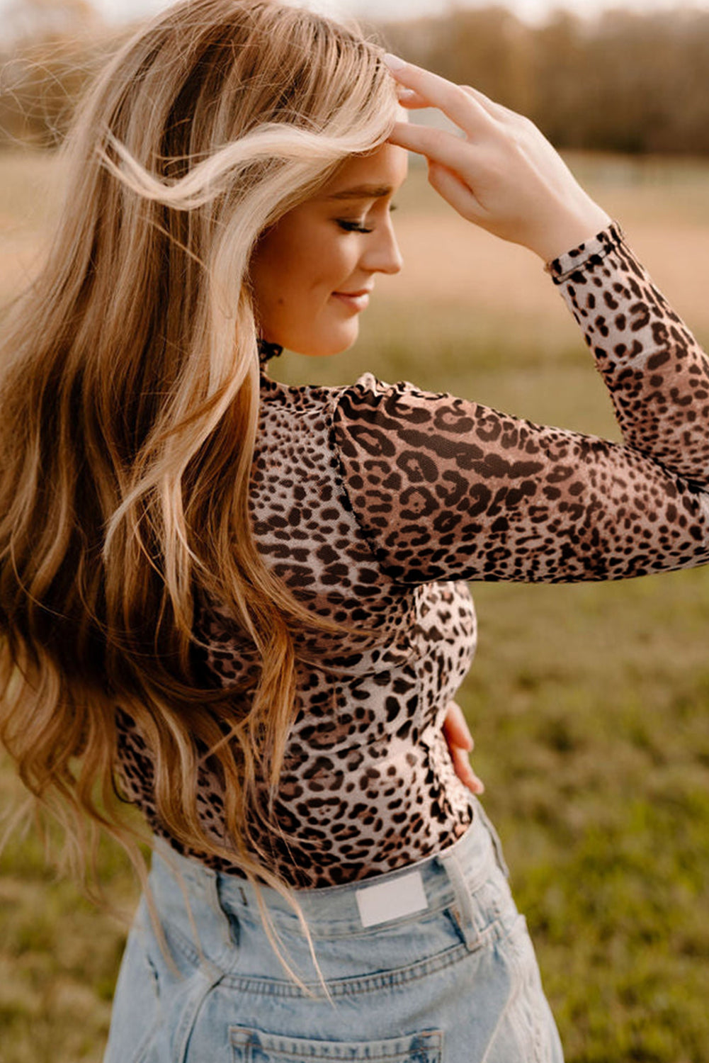 Brown Leopard Smocked Neck Mesh Long Sleeve Bodysuit