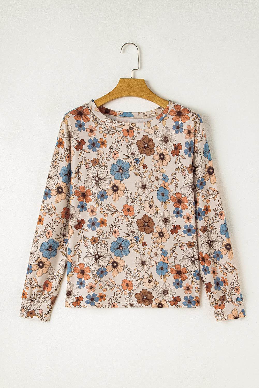 Khaki Floral Print Loose Crew Neck Long Sleeve T Shirt