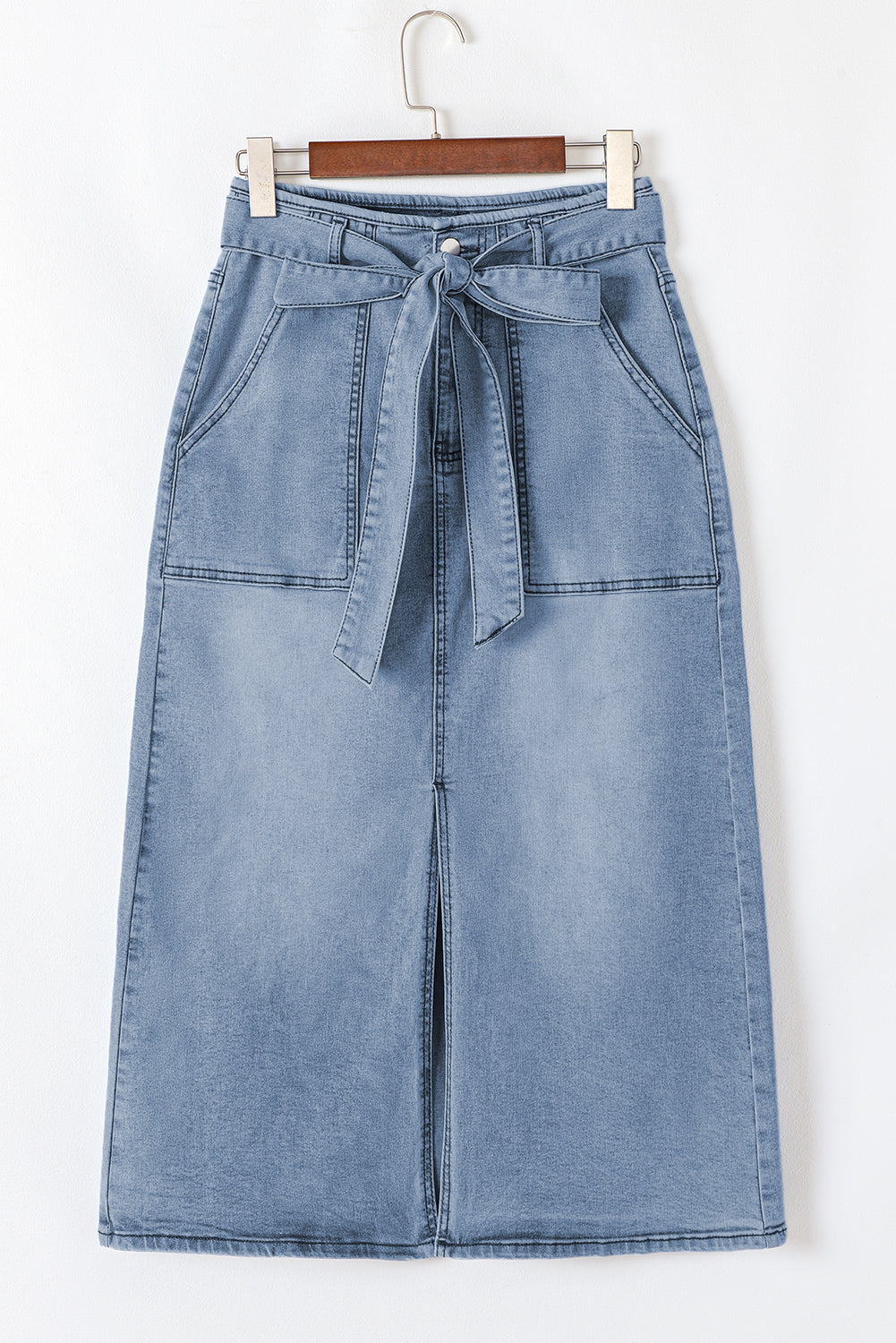 Dusk Blue Light Wash Belted High Waist Midi Denim Skirt