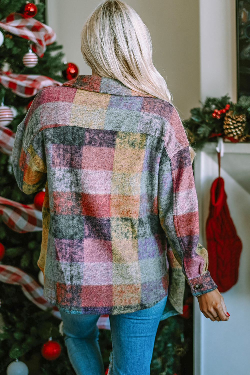 Multicolor Brushed Plaid Pocketed Oversize Shacket