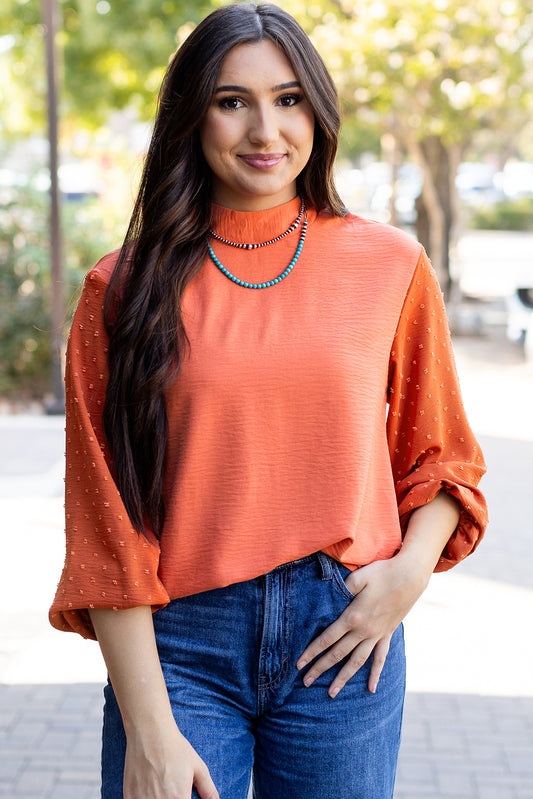 Russet Orange Swiss Dot Balloon Sleeve Loose Blouse