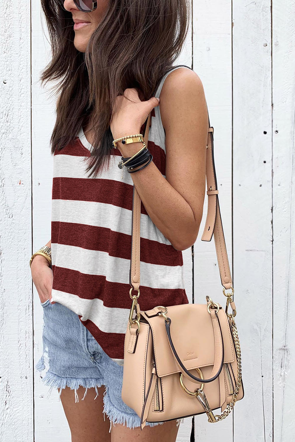 Red Striped V Neck Tank Top