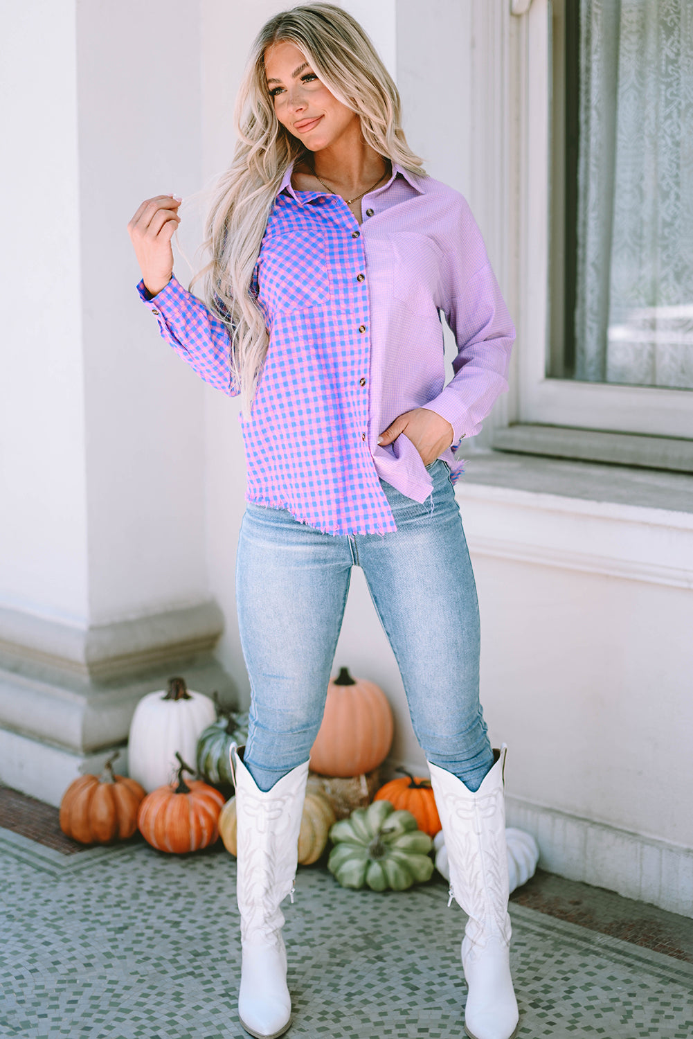 Purple Mixed Plaid Button Down Long Sleeve Chest Pocket Shirt