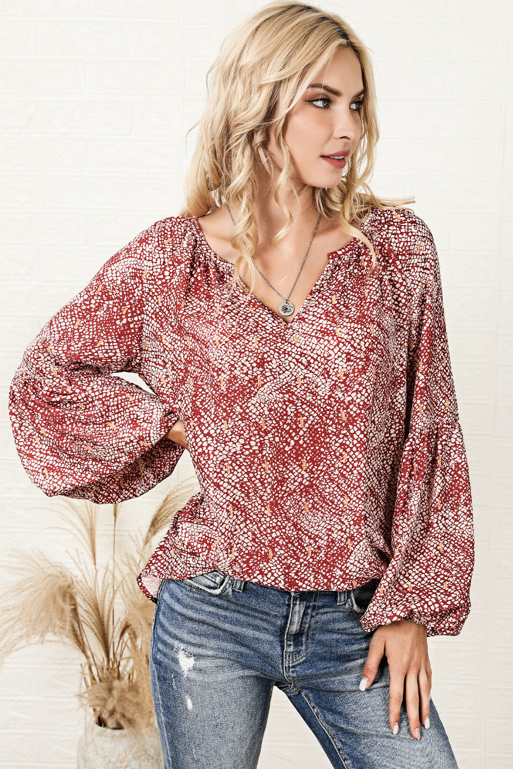 Fiery Red Pleated Lantern Sleeve Abstract Print Blouse