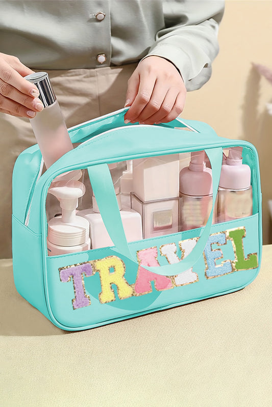 Bolsa de maquillaje de PVC transparente con letras de chenilla verde menta para viajes