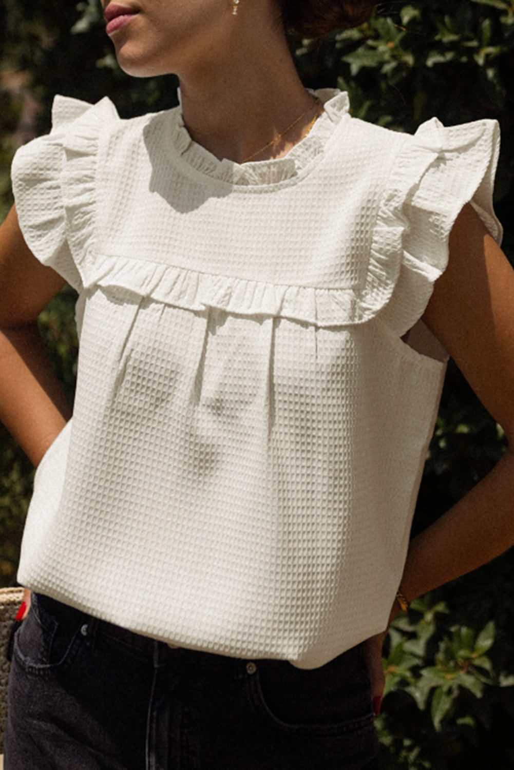 White Solid Color Ruffle Trim Waffle Knit Blouse